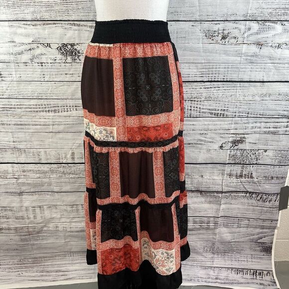 Langer Skirt sz Medium Dark Red Black Tiered Boho Lace Long Maxi Peasant Modest - Picture 2 of 14